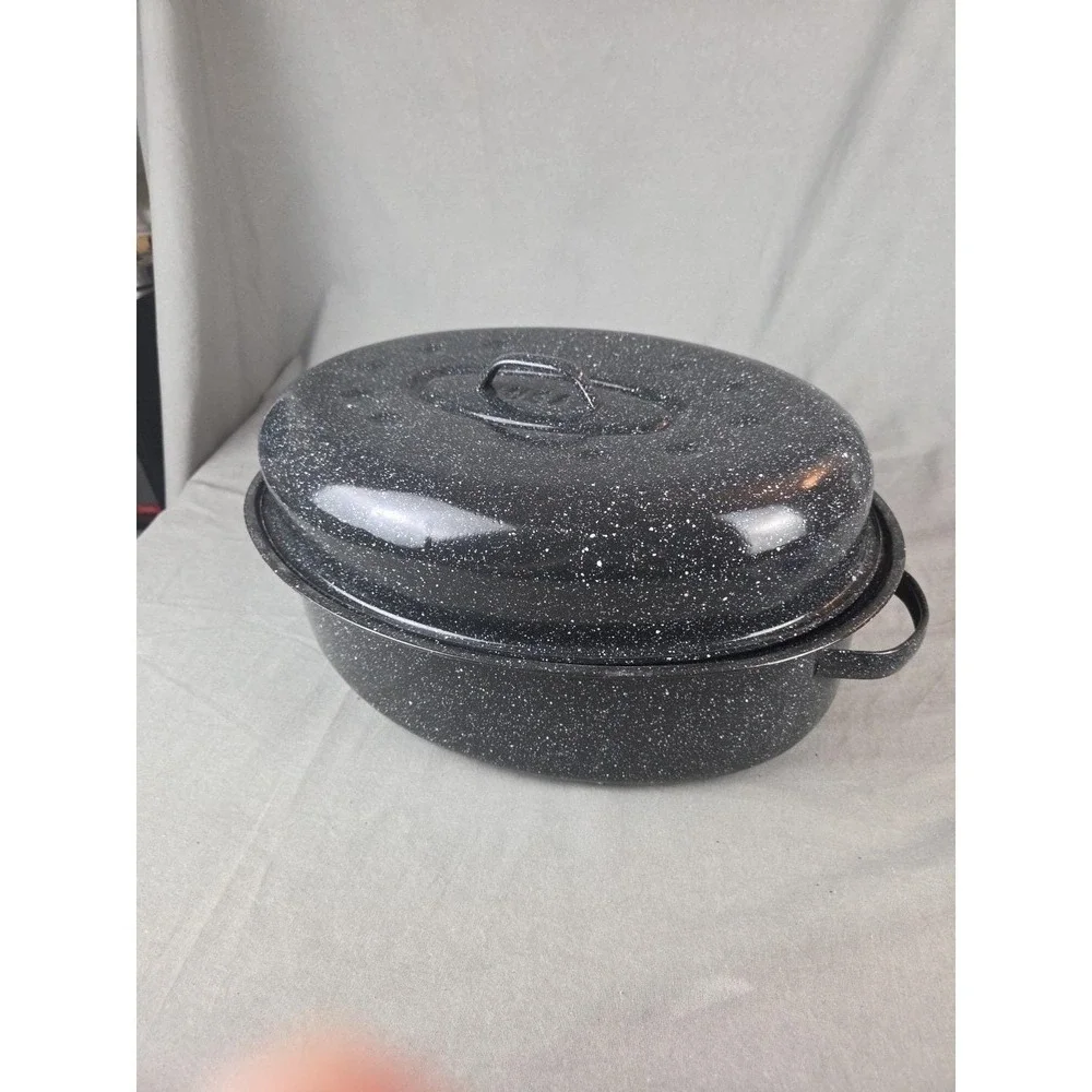 Enamelware Roaster Black Speckled Oval USA Large 16.5
